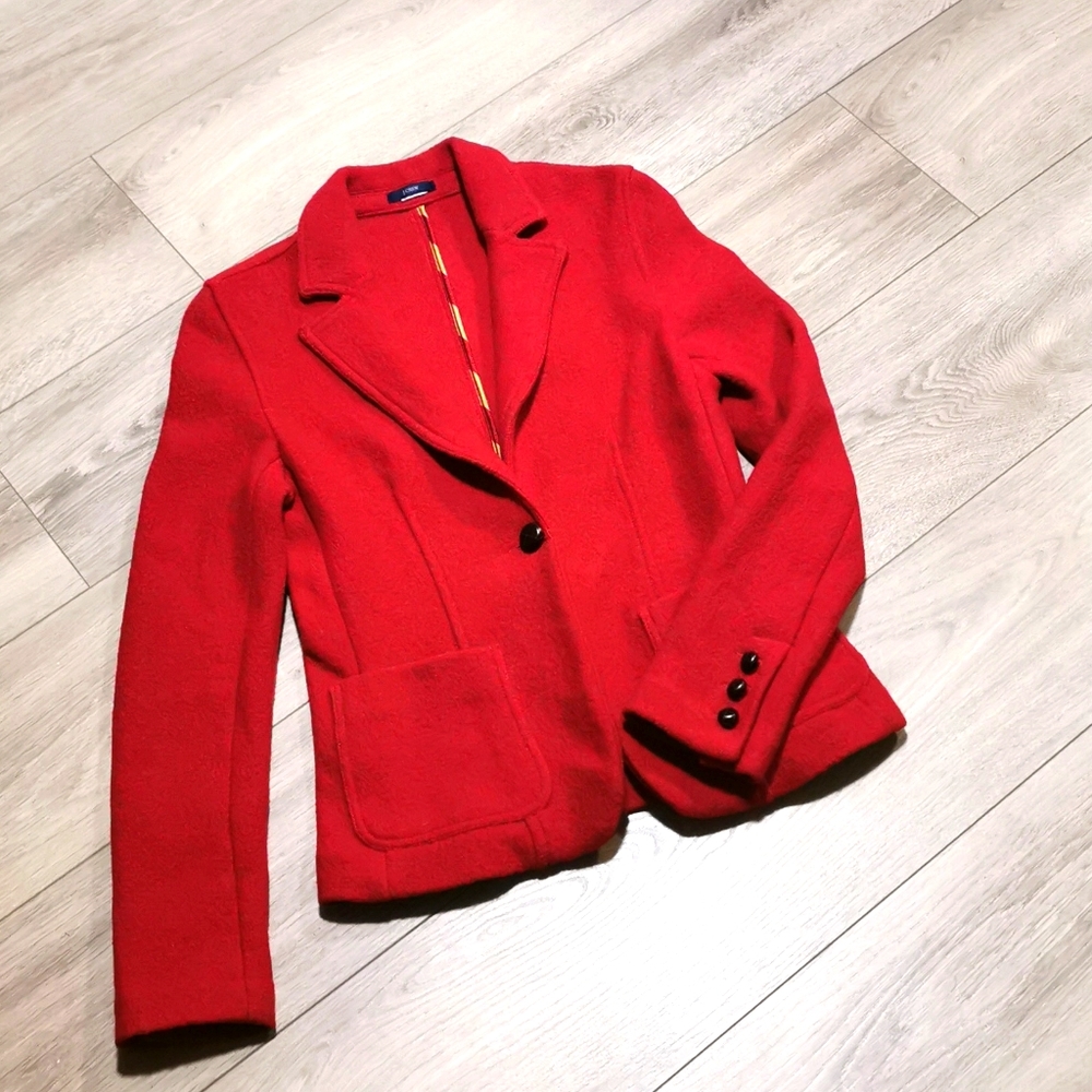 J. Crew Red Wool Blazer Faux Leather Buttons